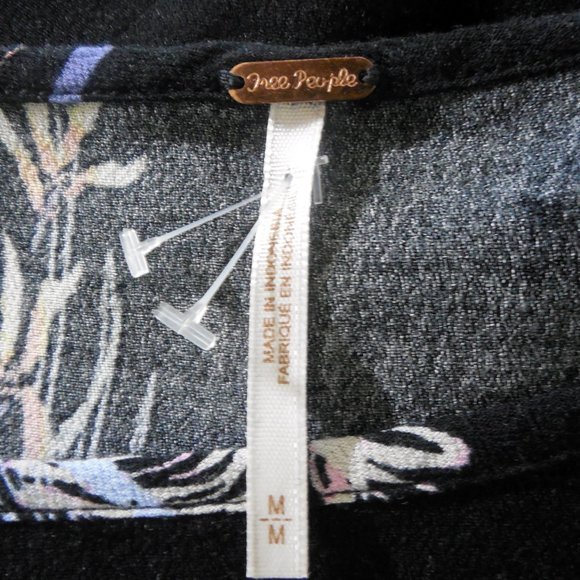 FREE PEOPLE Top M Black Floral Tunic Shirt Tie Cold Shoulder Long Sleeves Casual - Picture 12 of 13